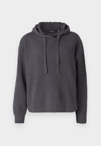 Grijze gebreide hoodie met een gestructureerde weving, verstelbare trekkoorden bij de halslijn en ribgebreide manchetten en zoom. Losse pasvorm, lange mouwen.