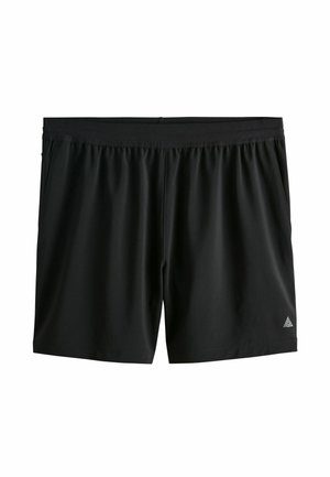 Czarne sportowe spodenki z elastycznym pasem i małym trójkątnym logo na dolnej prawej nogawce.