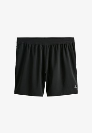 Schwarze Sportshorts mit elastischem Bund und kleinem dreieckigem Logo am unteren rechten Bein.