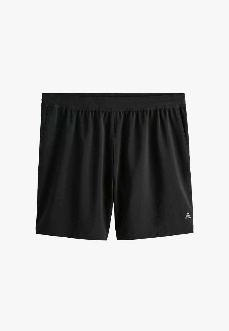 Shorts de sport noirs avec taille élastique et petit logo triangulaire sur la partie inférieure de la jambe droite.