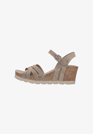 Beige Keilsandalette aus Veloursleder mit Kork-Optik Plateau, verstellbarem Knöchelriemen und überkreuzten vorderen Riemen für Damen.