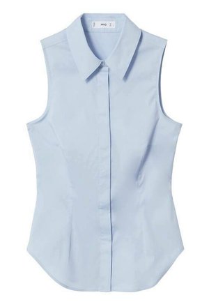 Lichtblauwe mouwloze blouse met kraag, verborgen knoopsluiting en aangesloten taille.