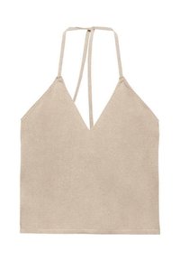 Beige knitted halter top with a deep v-neck, thin straps, and a seamless finish, featuring a textured fabric and minimalistic design.