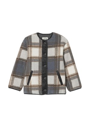 Veste en tartan avec des couleurs grises, bleues et brunes, fabriquée en polaire. Elle possède un col rond, une fermeture à boutons et deux poches latérales.