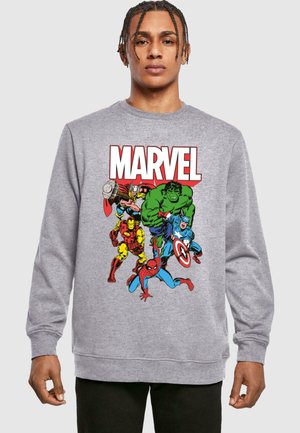Grauer Sweatshirt mit einem bunten Marvel-Superhelden-Graphic, das Spider-Man, Hulk, Iron Man, Thor und Captain America zeigt.