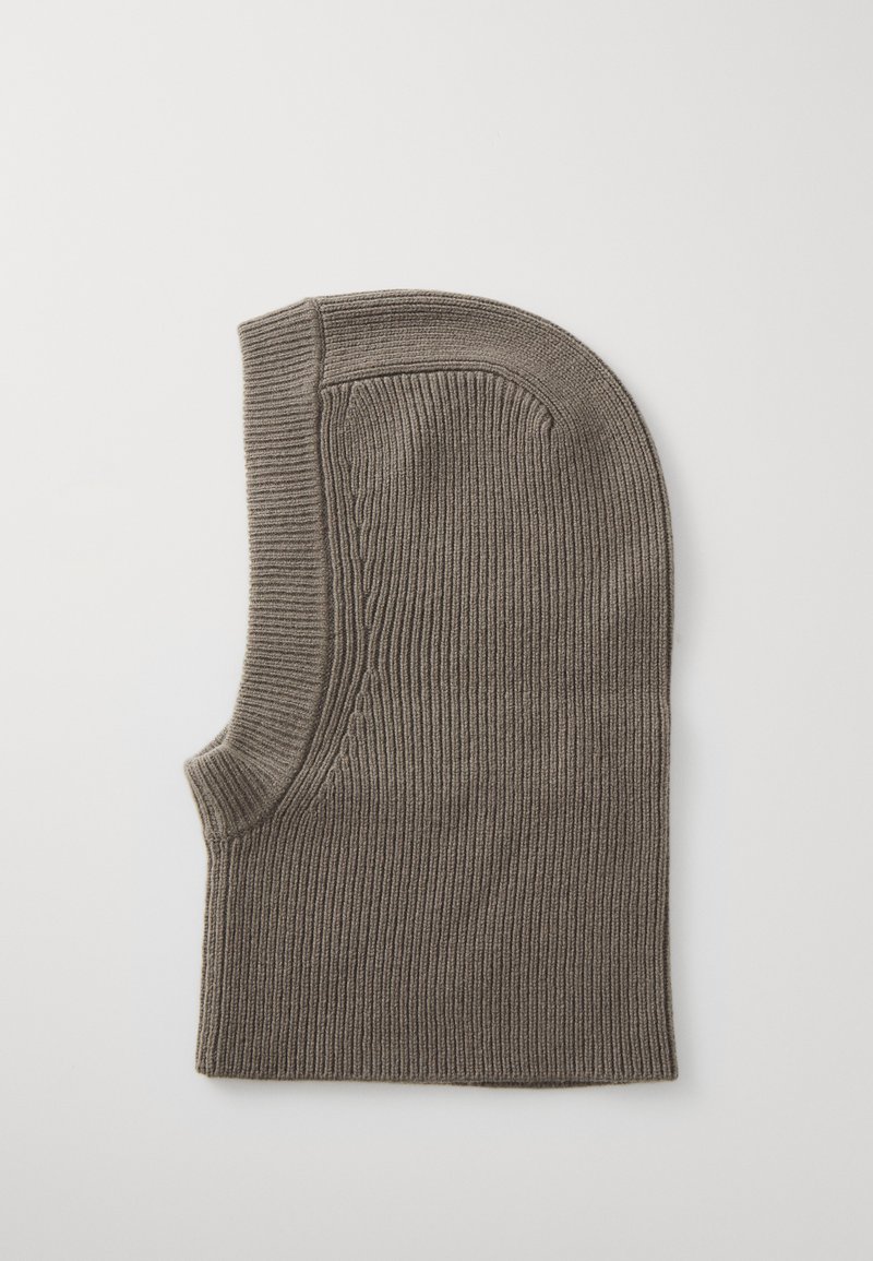 Knitted balaclava in a muted brown color. Features a ribbed texture and a fitted design with an elongated shape. No visible accents or patterns.