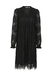 Black lace dress featuring long puff sleeves, a V-neck, intricate floral patterns, and a scalloped hemline, textured for a delicate appearance.
