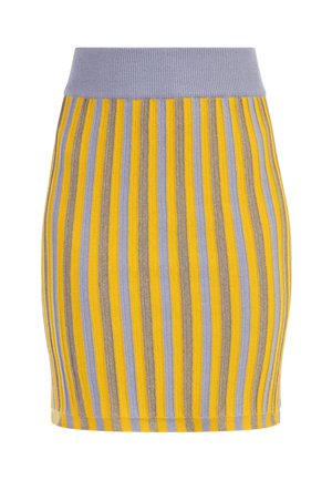 Kootud pliiatsiseelik, millel on vertikaalsed triibud kollases, helesinisest ja tumehallis. Ribalev vöökoht helesinisest. Pehme tekstuur.