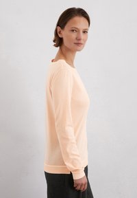 Pfirsichfarbener langärmeliger Pullover mit Rundhalsausschnitt, gerippten Bündchen und Saum. Weicher Stoff, taillierte Passform und kontrastierendes Rückendetail.
