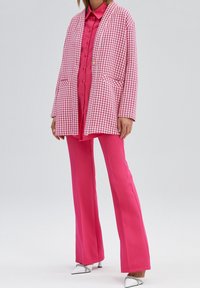 Gewatteerd roze-wit ruitjesblazer met twee voorzakken, gecombineerd met een bijpassend roze overhemd met knopen en broek met wijde pijpen.