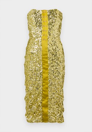 Gold-sequined Kleid mit figurbetontem Schnitt, strapless Design und einem satinartigen Mittelteil mit dekorativen Knöpfen entlang des Rückens.