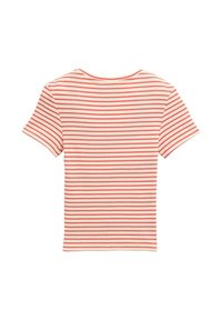 T-shirt med kort ärm i krämfärg och korall. Har en rund halsringning och mjuk ribbad textur. Bakifrån visas jämnt fördelade horisontella ränder.