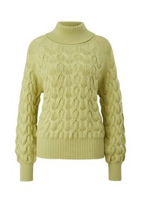 Hellgrüner gestrickter Pullover mit hohem geripptem Kragen, der ein strukturiertes Zopfmuster sowie gerippte Bündchen und Saum aufweist.
