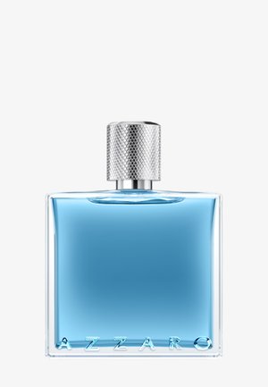 Klar, rektangulær glasflaske med blå væske. Har en tekstureret sølvmetalhætte og præget "Azzaro" tekst i bunden.