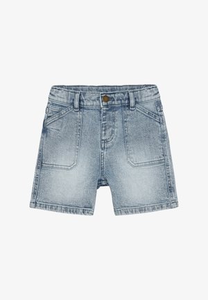 Shorts in denim azzurro chiaro con design classico, dotati di chiusura con bottoni, due tasche frontali e una texture leggermente sbiadita.