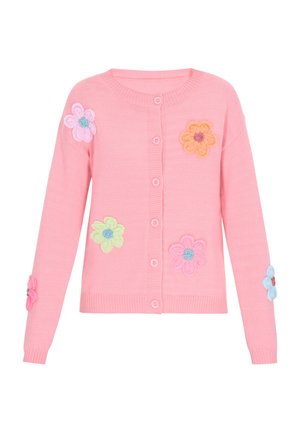 Cardigan tricotat roz, cu flori brodate în nuanțe de albastru, galben, portocaliu și verde. Are închidere cu nasturi și manșete cu rib.