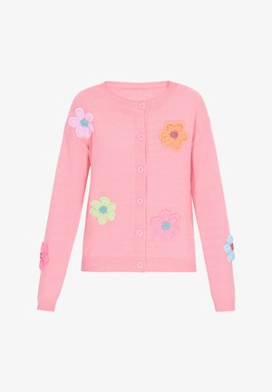 Różowy dziergany kardigan z haftowanymi kwiatami w kolorze niebieskim, żółtym, pomarańczowym i zielonym. Posiada zapięcie na guzik oraz ściągacze.