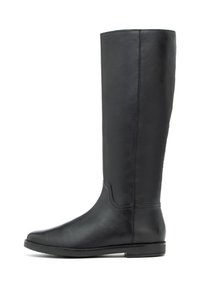 Czarne skórzane kozaki do kolan o gładkiej teksturze, zaokrąglonym nosku i minimalistycznym designie. Wzmocnione przeszycia i płaska gumowa podeszwa.