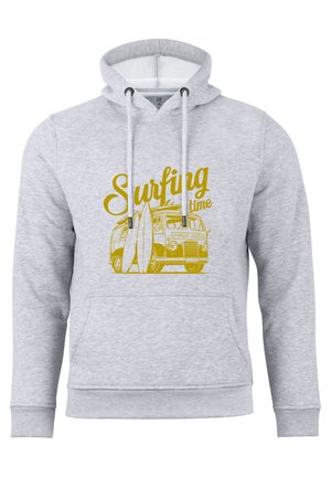 Graue Kapuzenjacke mit einem surf-Themen-Graphik, die einen gelben Vintage-Van und Surfboards zeigt, Kapuze mit Kordelzügen und einer Fronttasche.
