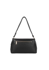 Sac à main en cuir noir avec une finition texturée, une bandoulière unique et une poche zippée à l'avant avec des accents en matériel doré.