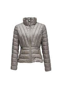 Lichtgrijze gewatteerde damesjas met hoge kraag, diagonale stiksels aan de voorkant en met rits afsluitbare zijzakken.