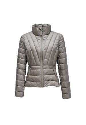 Jasnoszara pikowana kurtka damska z wysokim kołnierzem, ukośnymi przeszyciami na przodzie oraz kieszeniami bocznymi na zamek.