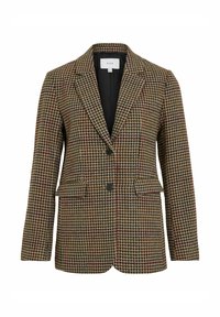 Brown plaid blazer with a houndstooth pattern, featuring black buttons, two front pockets, and a notched collar. Lined interior.
