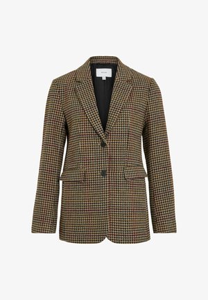 Blazer marrone a quadri con motivo houndstooth, con bottoni neri, due tasche frontali e colletto a rever. Interno foderato.