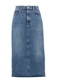 Blå högmidjad denim midi kjol med framknäppning och dragkedja, bälteshällor och två framfickor.