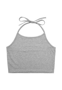 Haut court gris à col noué, en tissu tricoté doux, sans motifs ni logos.
