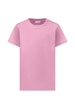 Roze katoenen T-shirt met korte mouwen, ronde hals en een subtiel merkembleem in lichtroze op de voorkant gedrukt. Gladde textuur.