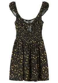 Schwarzes Blumenkleid mit gelben Blumen, kurzen Puffärmeln, gerafftem Oberteil und ausgestelltem Rock. Hergestellt aus leichtem Stoff.