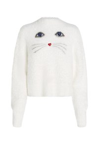 Hvit, fluffy, kort genser med kattansikt-design. Glitrende blå edelstener som øyne, rødt hjerte og sølvfargede skjeggdekorasjoner.