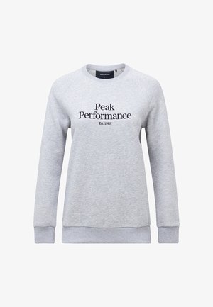 Light grey sweatshirt with long raglan sleeves. Features black text "Peak Performance Est.1986" on the front. Soft fabric, ribbed cuffs.