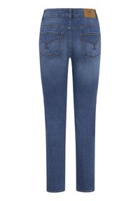 Dunkelblaue Skinny-Jeans aus Denim-Stoff, mit einer mittelhohen Taille, fünf Taschen und dekorativer Naht auf der Rückseite.