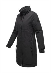 Black long coat with high collar, zip closure, side pockets, and elastic drawstrings at the waist. Smooth fabric texture with embossed logo.