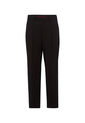 Black tailored trousers with front pleats, belt loops, and a button closure, shown on a white background.