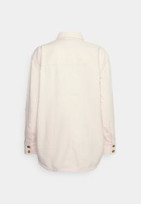 Camicia oversize rosa chiaro in cotone, con colletto appuntito, maniche lunghe e dettagli con bottoni ai polsini. Vista posteriore.