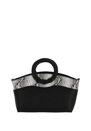 Černá kabelka s texturovaným vzorem krokodýlí kůže a akcentem z hadí kůže na horní části. Má kulatou rukojeť a zapínání na zip.