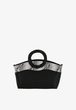 Zwarte handtas met een gestructureerd krokodillenpatroon en een bovenkant met slangenhuidaccenten. Voorzien van een ronde handvat en ritssluiting.