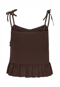 Haut marron sans manches avec bretelles à nouer, tissu texturé et détail volanté à l’ourlet et à l’encolure.