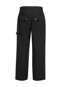Fekete cargo nadrág, két hátsó zsebbel, oldalsó hurokkal és egyenes lábdesignnal. Tartós anyagból készült, sima felülettel.