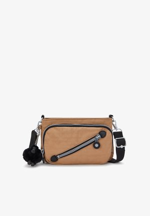 Brązowa torebka crossbody z czarnymi zamkami błyskawicznymi, przednią kieszenią na zamek błyskawiczny oraz odczepianym czarnym pomponem. Wykonana z trwałego materiału o eleganckim designie.