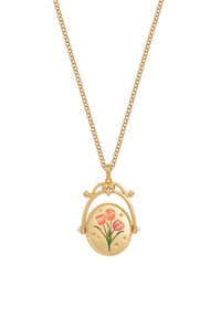 Gouden halsketting met een ketting, met een ronde hanger met een bloemmotief van roze tulpen op een gouden achtergrond, geaccentueerd met kleine sterren.