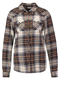 Camisa de cuadros con un esquema de colores oscuros en naranja, gris y blanco. Hecha de franela con cierre de botones en la parte delantera y bolsillos en el pecho.