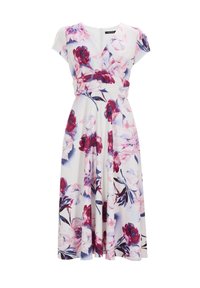Floral midi-jurk van lichtgewicht stof met een witte basis. Kenmerkt zich door roze en paarse bloemen, korte mouwen en een tailleband voor een mooie pasvorm.