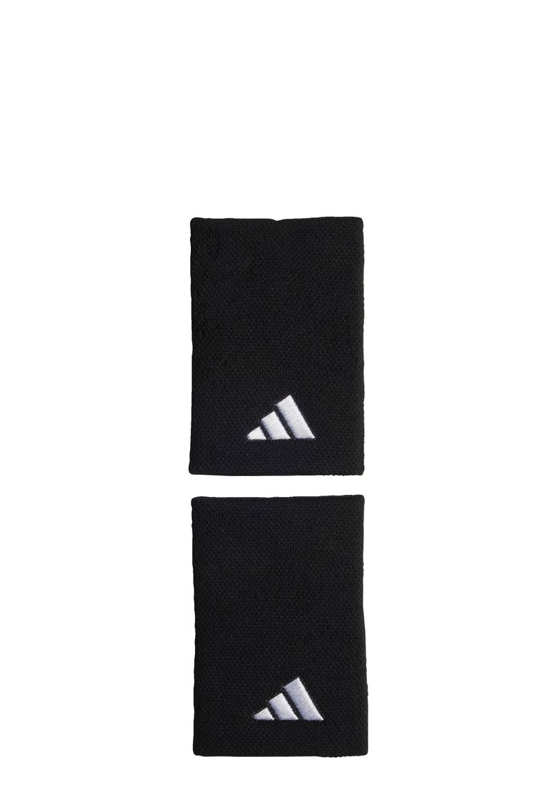 Crni pamučni narukvice s teksturiranim pletenjem, s bijelim adidas logotipom. Svaka narukvica je pravokutnog oblika i otprilike 10 cm visoka.