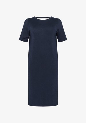 Námořnická modrá, krátká šatová šaty vyrobené z texturované látky s rovnou siluetou a kulatým výstřihem, který má detail výřezu na zádech.