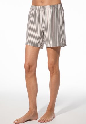 Gestreifte Shorts in Beige- und Brauntönen, mit elastischem Bund und lockerer Passform, gefertigt aus leichtem, atmungsaktivem Stoff.