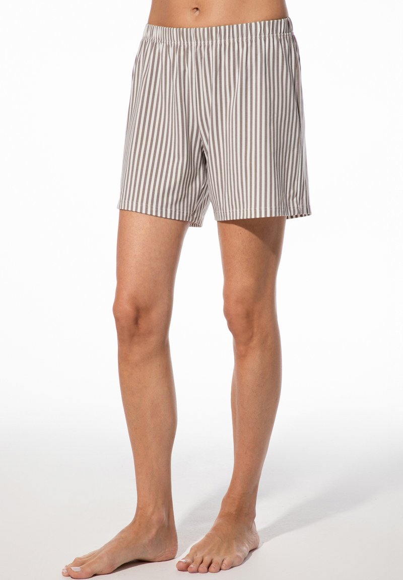 Gestreifte Shorts in Beige- und Brauntönen, mit elastischem Bund und lockerer Passform, gefertigt aus leichtem, atmungsaktivem Stoff.